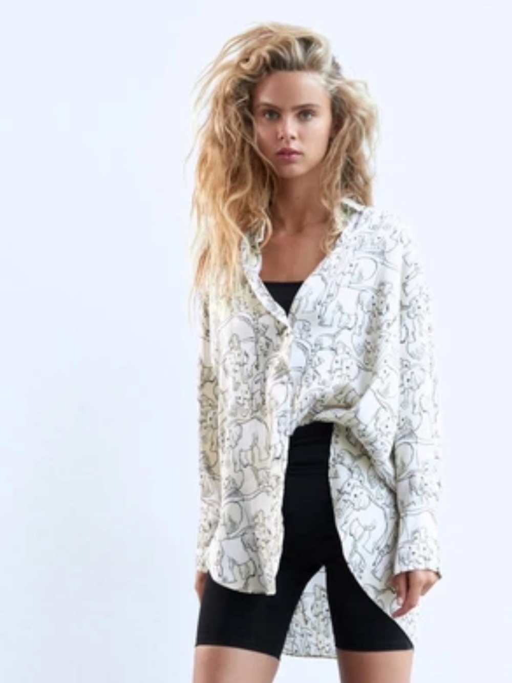 ZARA Elephant Print Oversized Satin Button Down Shirt Ivory/Cream